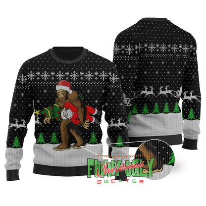 Bigfoot Stealing Santa Ugly Christmas Sweater Black