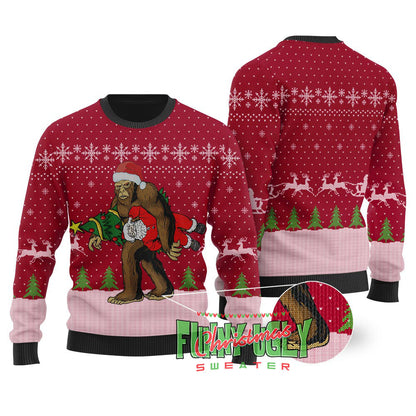 Bigfoot Stealing Santa Ugly Christmas Sweater Cardinal Red