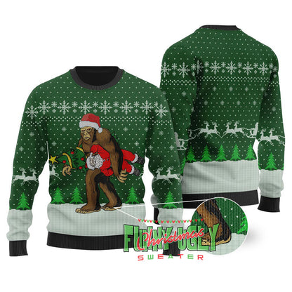 Bigfoot Stealing Santa Ugly Christmas Sweater Forest Green