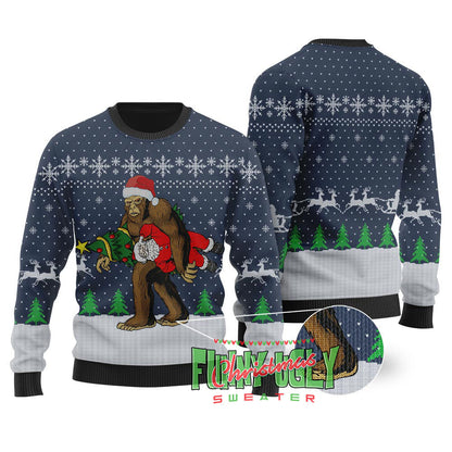Bigfoot Stealing Santa Ugly Christmas Sweater Navy