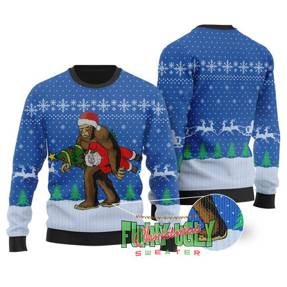 Bigfoot Stealing Santa Ugly Christmas Sweater Royal