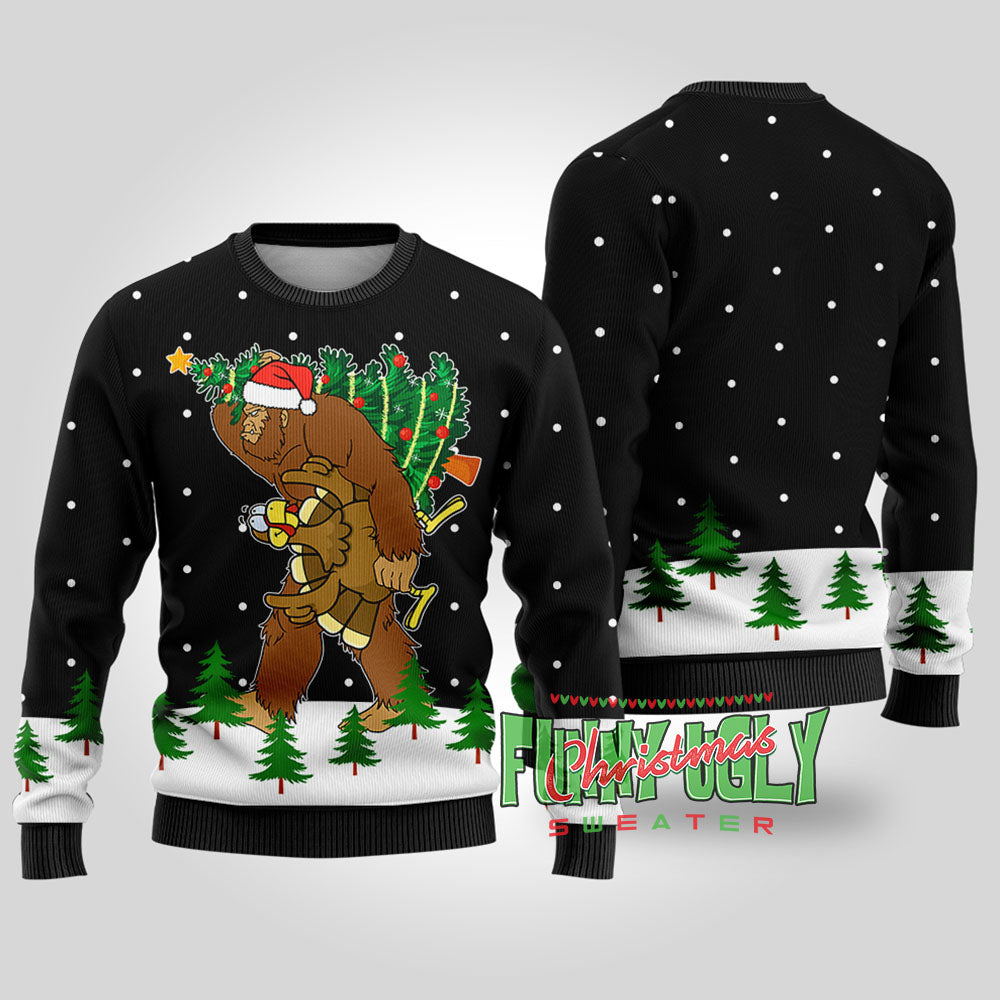 Bigfoot Stole Thanksgiving Funny Christmas Sweater Black