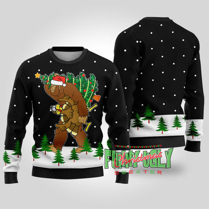 Bigfoot Stole Thanksgiving Funny Christmas Sweater Black