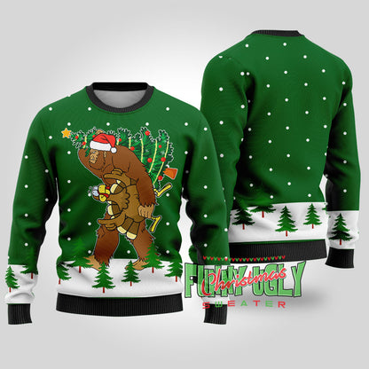 Bigfoot Stole Thanksgiving Funny Christmas Sweater Forest Green