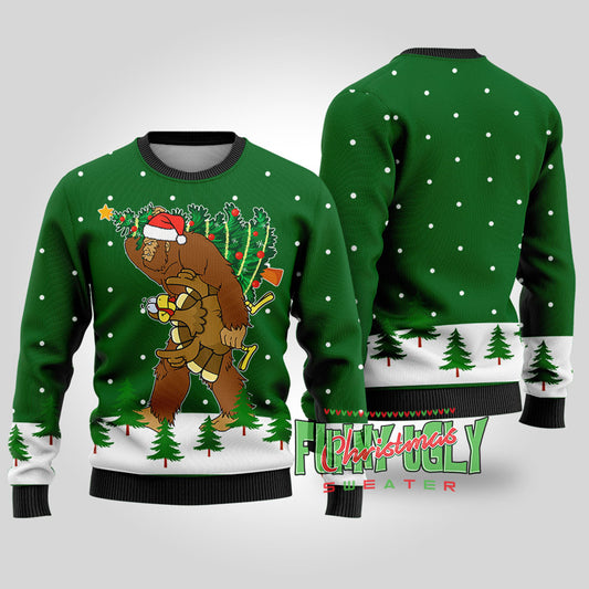 Bigfoot Stole Thanksgiving Funny Christmas Sweater Forest Green