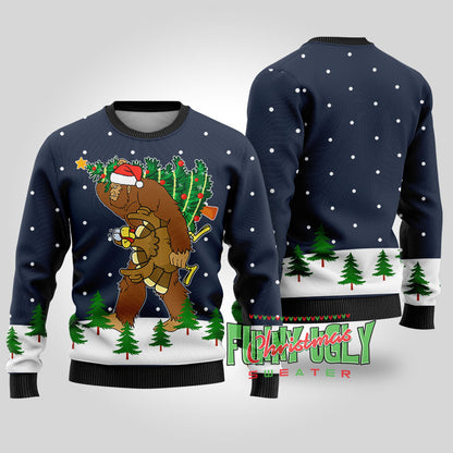 Bigfoot Stole Thanksgiving Funny Christmas Sweater Navy