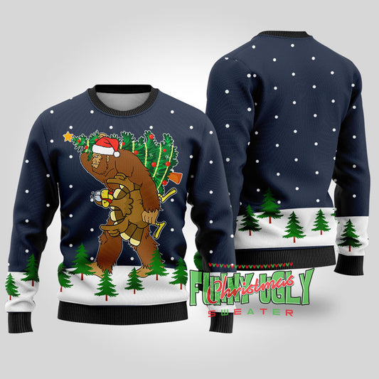 Bigfoot Stole Thanksgiving Funny Christmas Sweater Navy