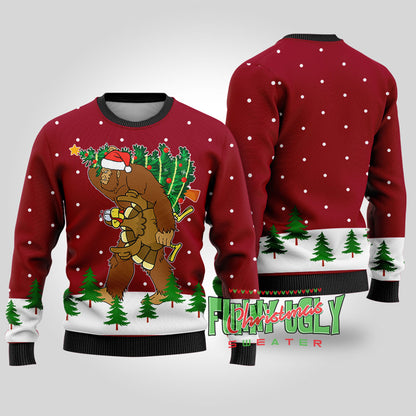 Bigfoot Stole Thanksgiving Funny Christmas Sweater Cardinal Red