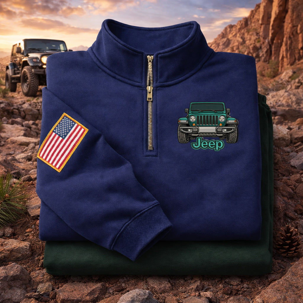 Sudadera prémium unisex Jeep bordada con cremallera de cuarto, suéter con cremallera de cuarto inspirado