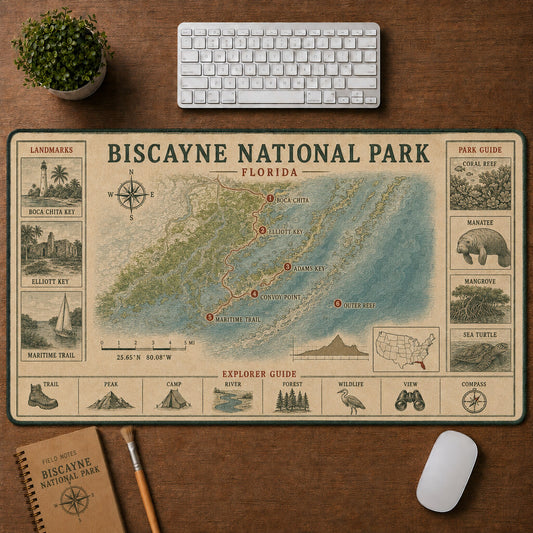 Biscayne National Park Vintage Topographic Park Map Explorer Guide Desk Mat | 5To9Vibe