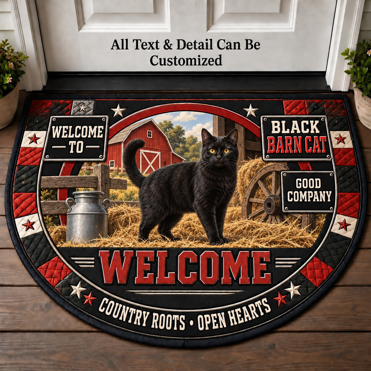 Black Barn Cat Personalized Half Round Mat | 5To9Vibe