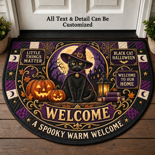 Black Cat Halloween Personalized Half Round Mat | 5To9Vibe