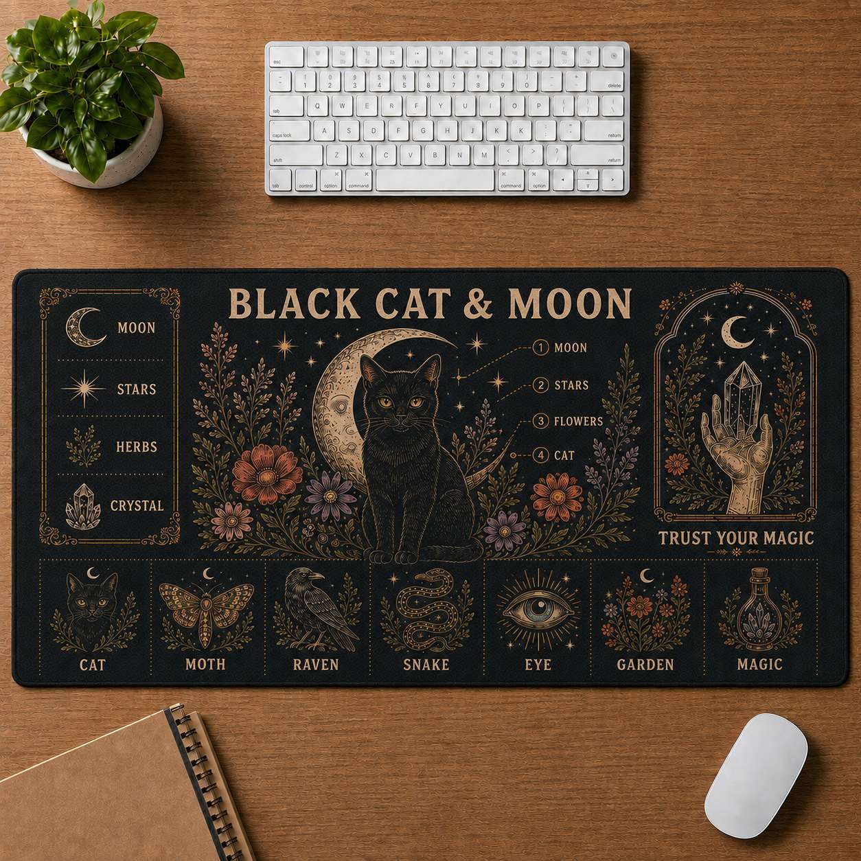 Lunar Magic Hippie Desk Mat Mouse Pad | 5To9Vibe - Black Cat & Moon style