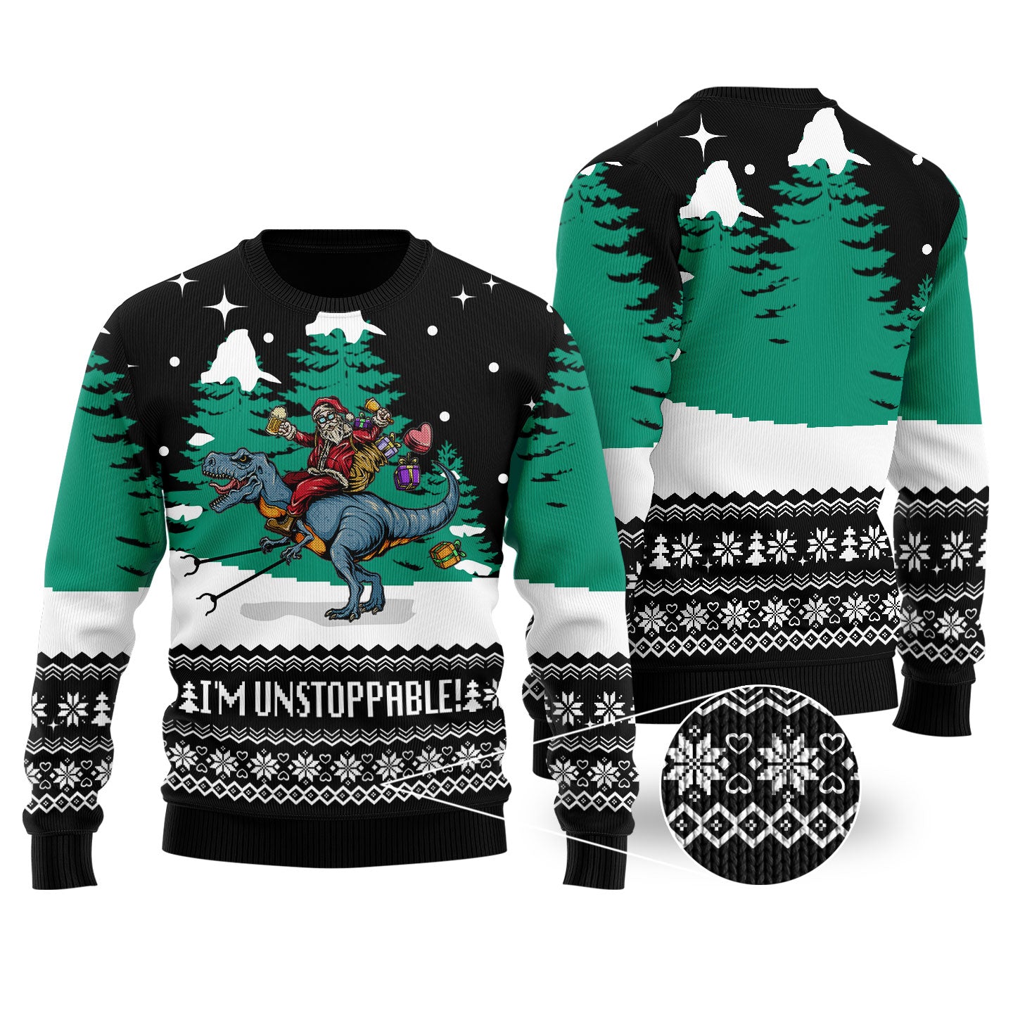 Black Funny Santa T-Rex Christmas Sweater - Funny Ugly Christmas Sweater
