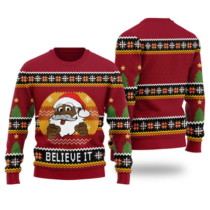 Black Santa Believe It Ugly Christmas Sweaters Cardinal Red