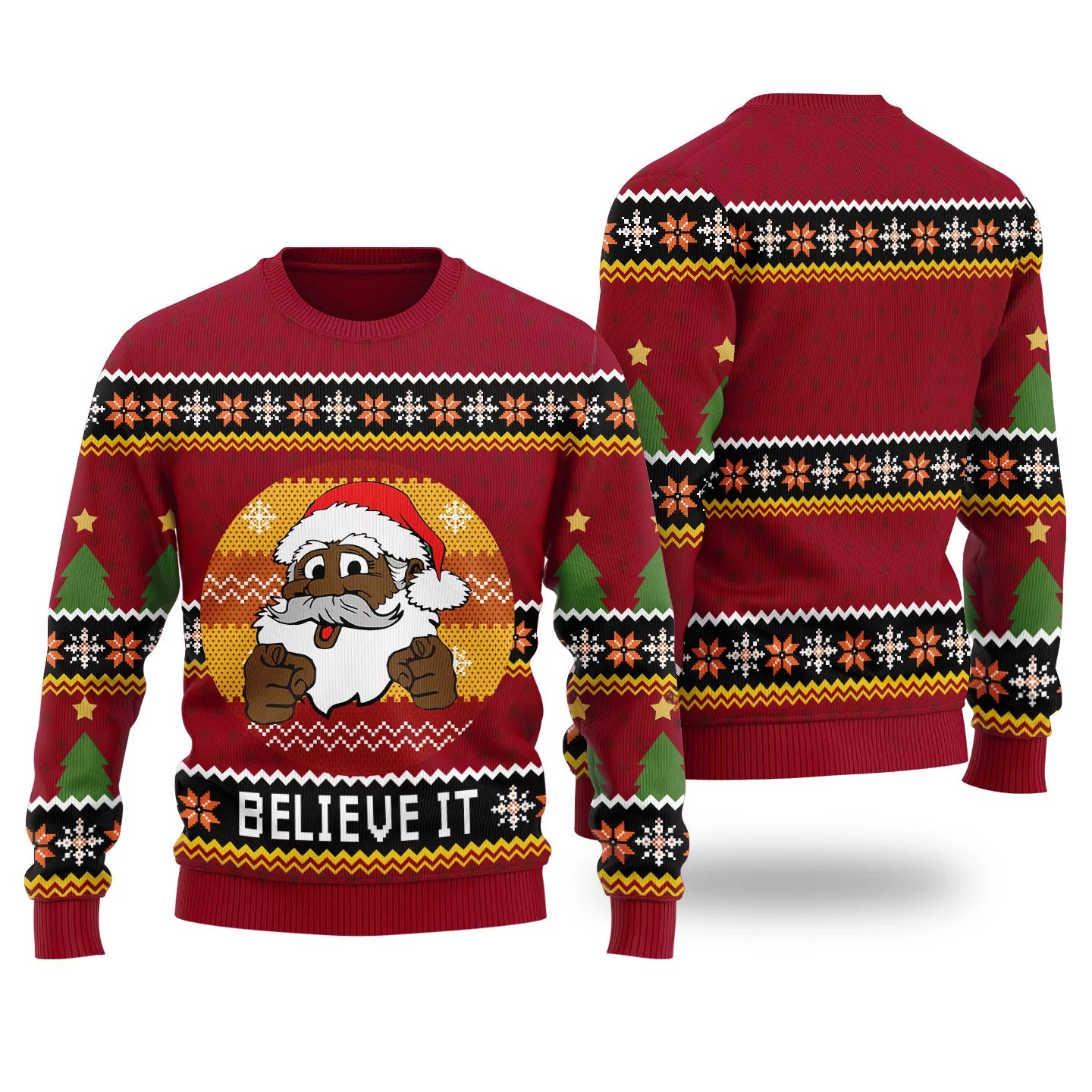Black Santa Believe It Ugly Christmas Sweaters Cardinal Red