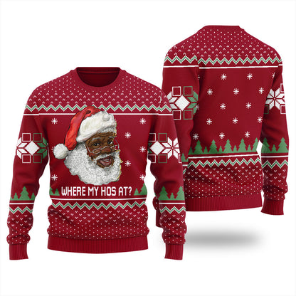 Black Santa Where My Hos At Men's Ugly Christmas Sweater