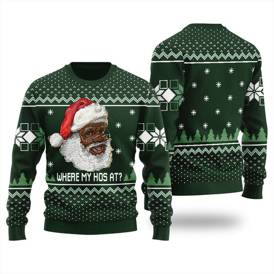 Black Santa Where My Hos At Men's Ugly Christmas Sweater