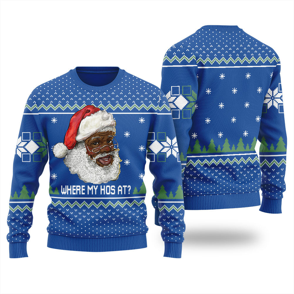 Black Santa Where My Hos At Ugly Christmas Sweater