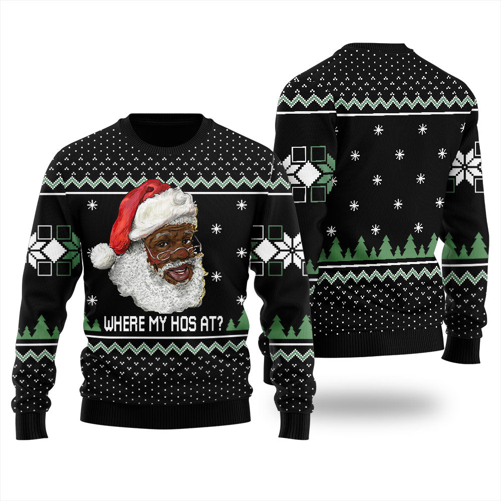 Black Santa Where My Hos At Ugly Christmas Sweater