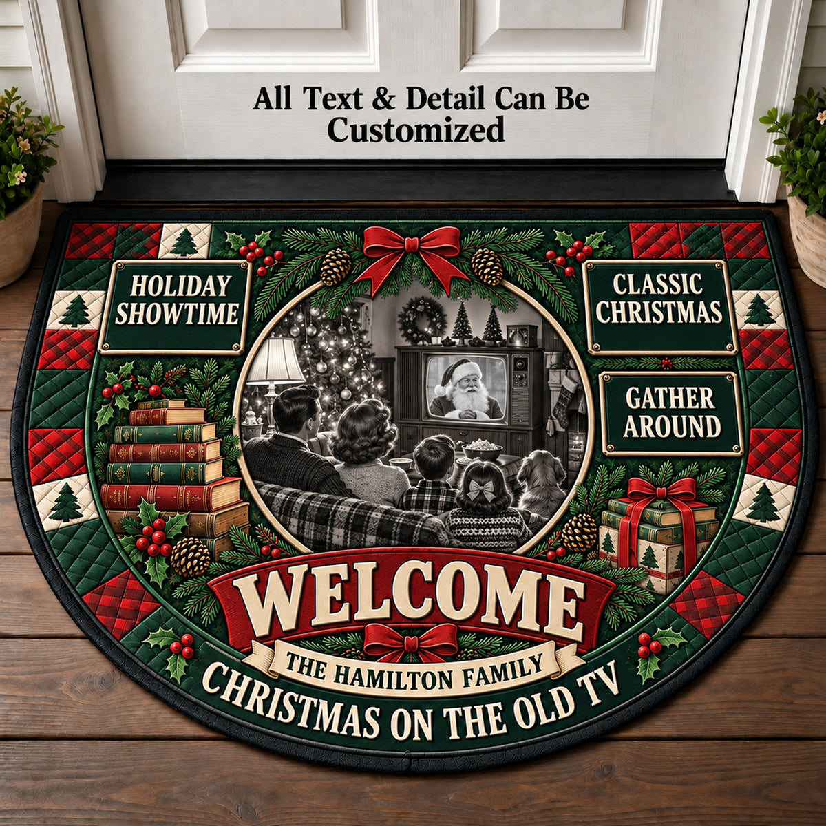 Black And White Tv Christmas Personalized Half Round Mat | 5To9Vibe