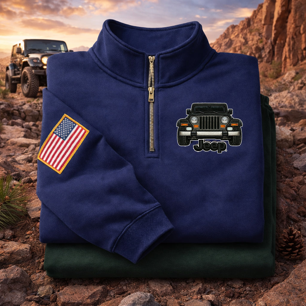 Sudadera prémium unisex Jeep bordada con cremallera de cuarto, suéter con cremallera de cuarto inspirado