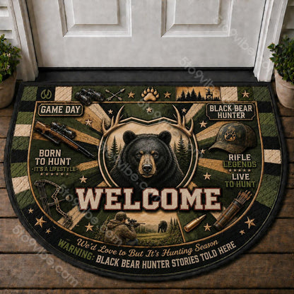 Black Bear Hunter Stories Quilted Print Premium Welcome Mat – Personalized Doormat