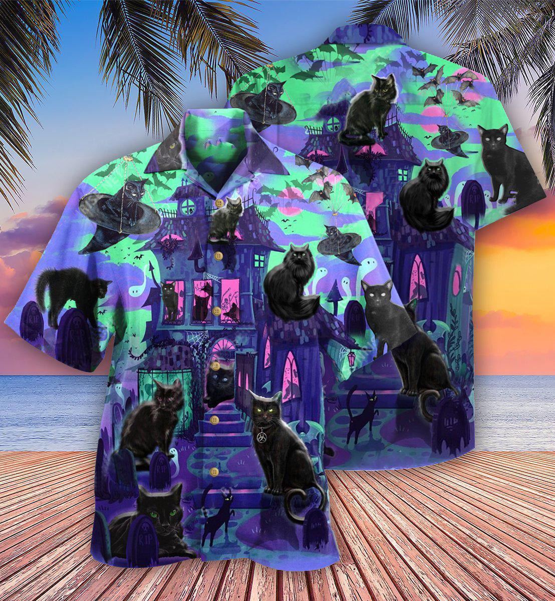 Black Cat In A Mysterious Haunted House - Hawaiian Shirt 