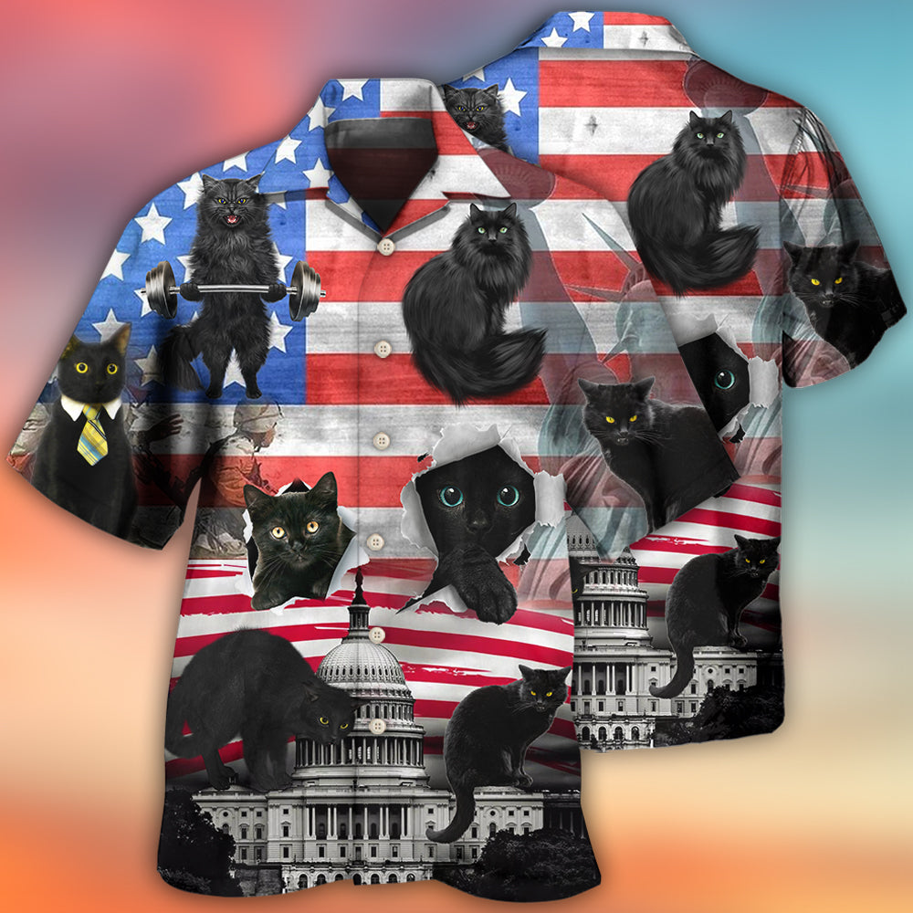 Black Cat Independence Day America - Hawaiian Shirt 