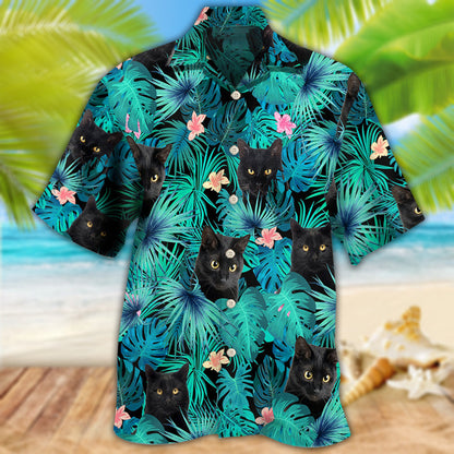 Black Cat Lover Tropical Leaf - Hawaiian Shirt 