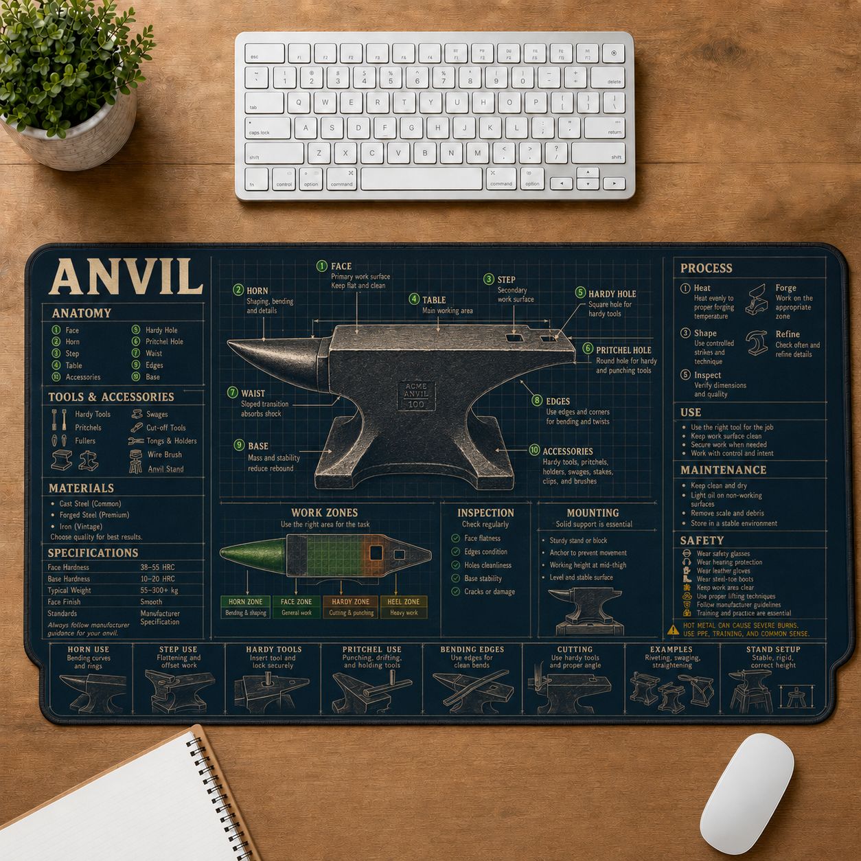 Blacksmith Anvil Home and Workshop Technical Guide Desk Mat | 5To9Vibe
