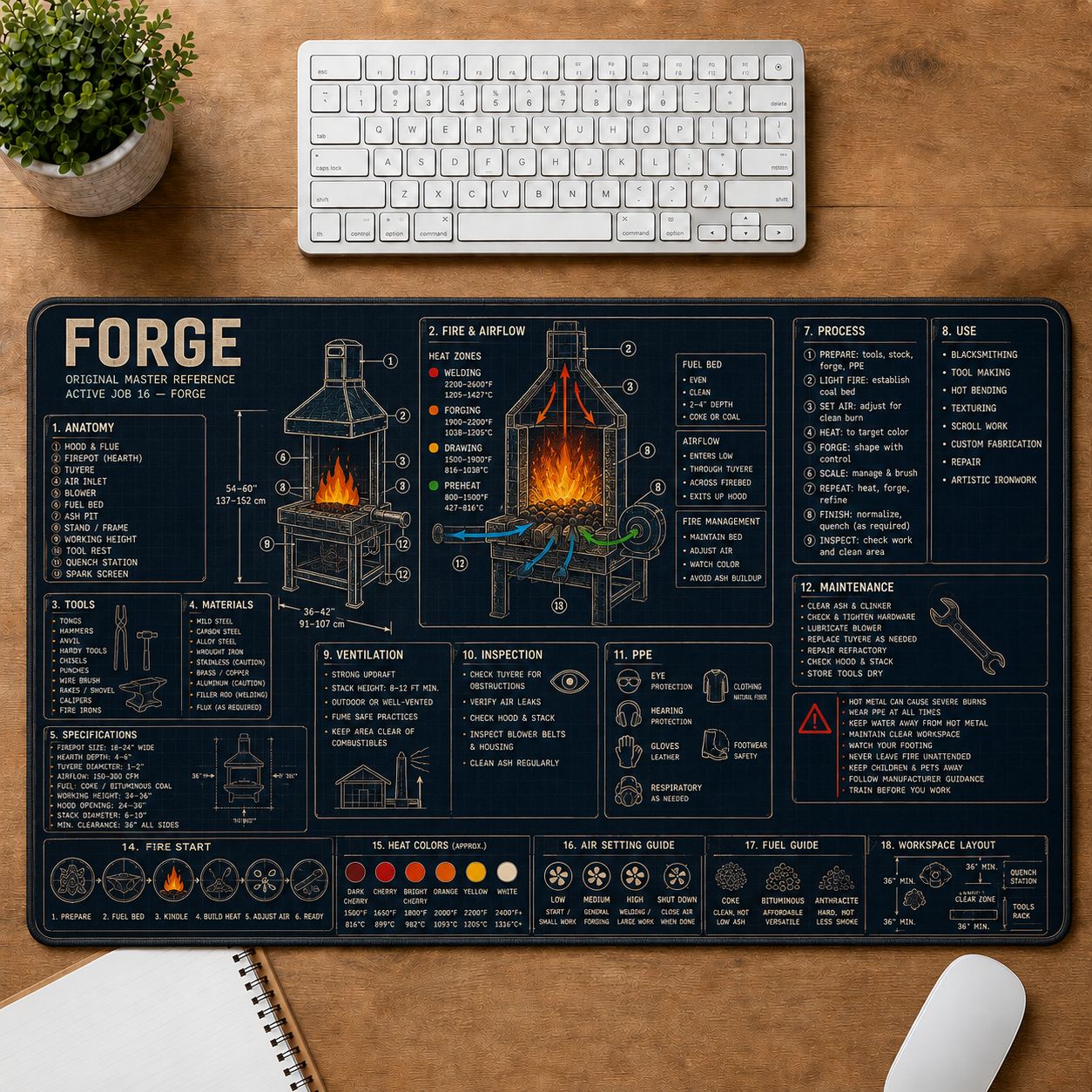 Blacksmith Forge Home and Workshop Technical Guide Desk Mat | 5To9Vibe