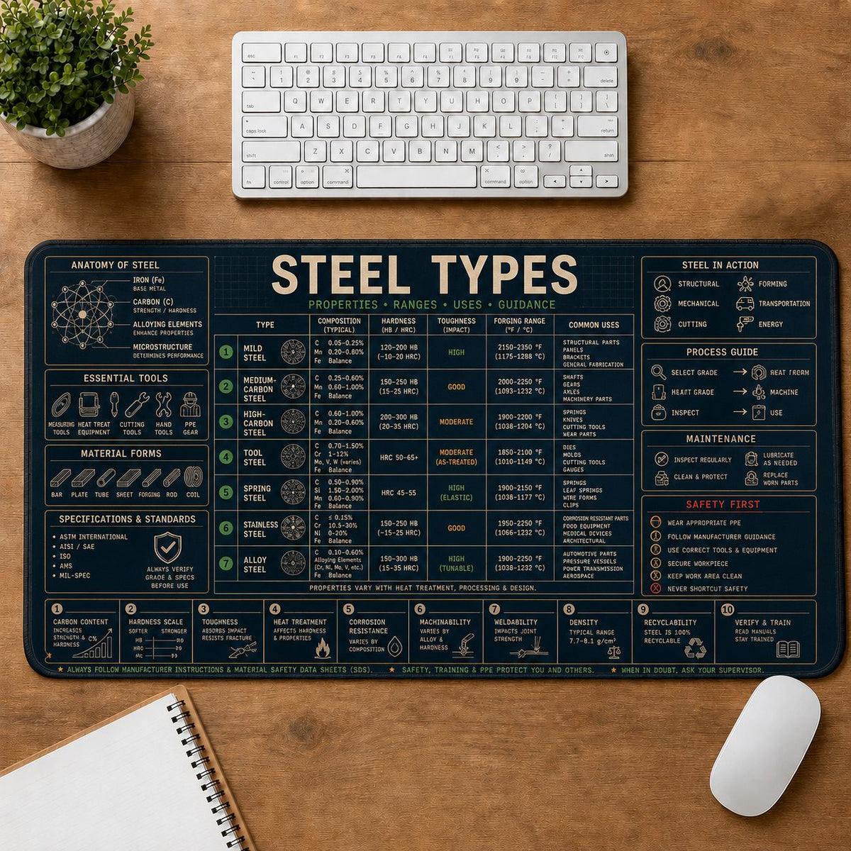 Blacksmith Steel Types Home and Workshop Technical Guide Desk Mat | 5To9Vibe
