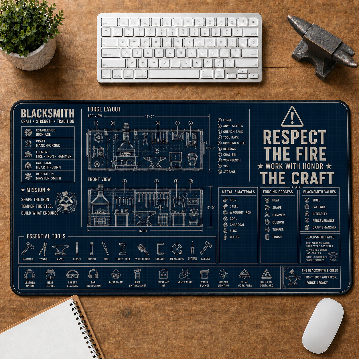 Auto Mechanic Blueprint Large Desk Mat - Car Engine & Garage Tools Plus Size Mouse Pad - 5to9vibe