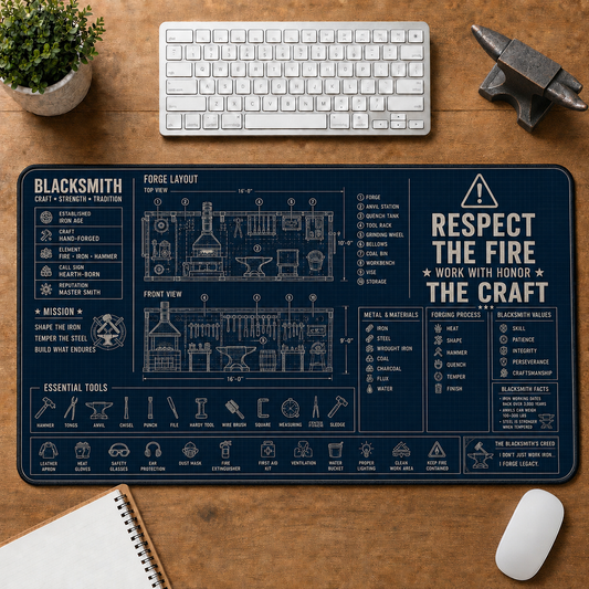 Blacksmith Blueprint Large Desk Mat - Forge Layout & Metalworking Tools Plus Size Mouse Pad - 5to9vibe