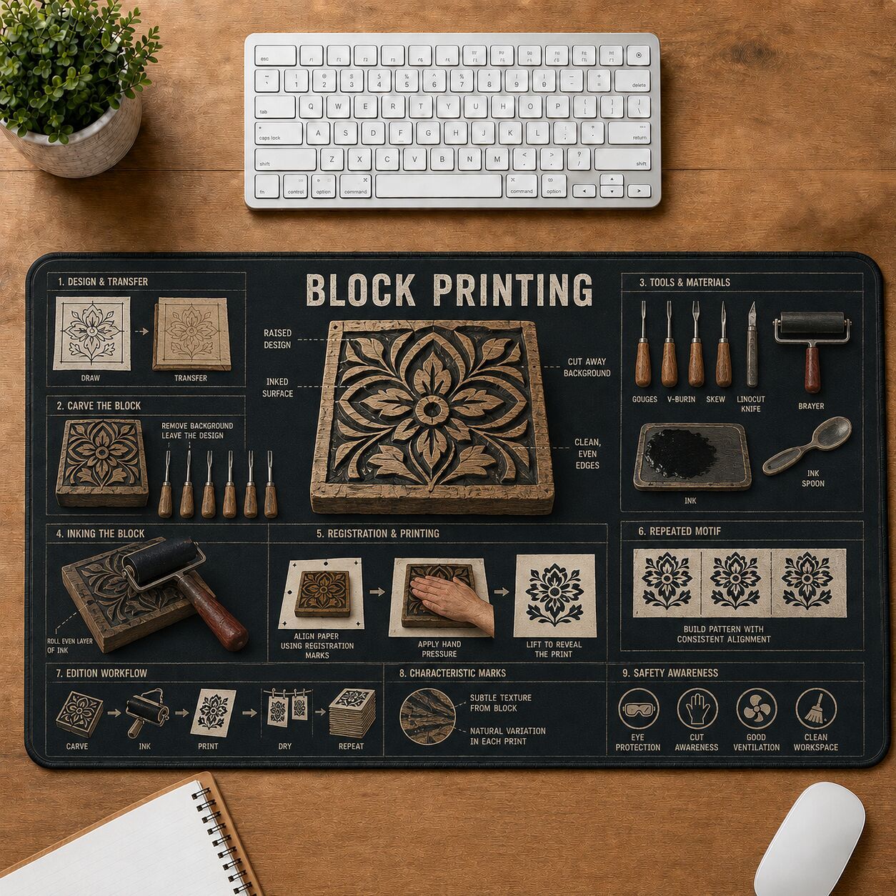 Block Printing Creative Reference Guide Desk Mat | 5To9Vibe