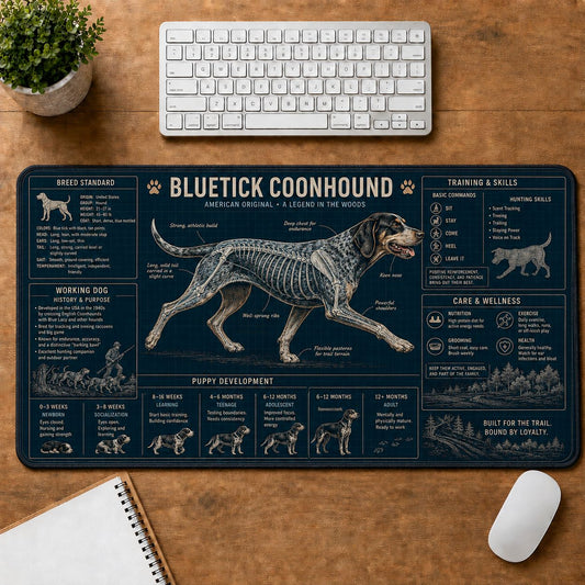 Bluetick Coonhound Dog Breed Visual Guide Desk Mat | 5To9Vibe