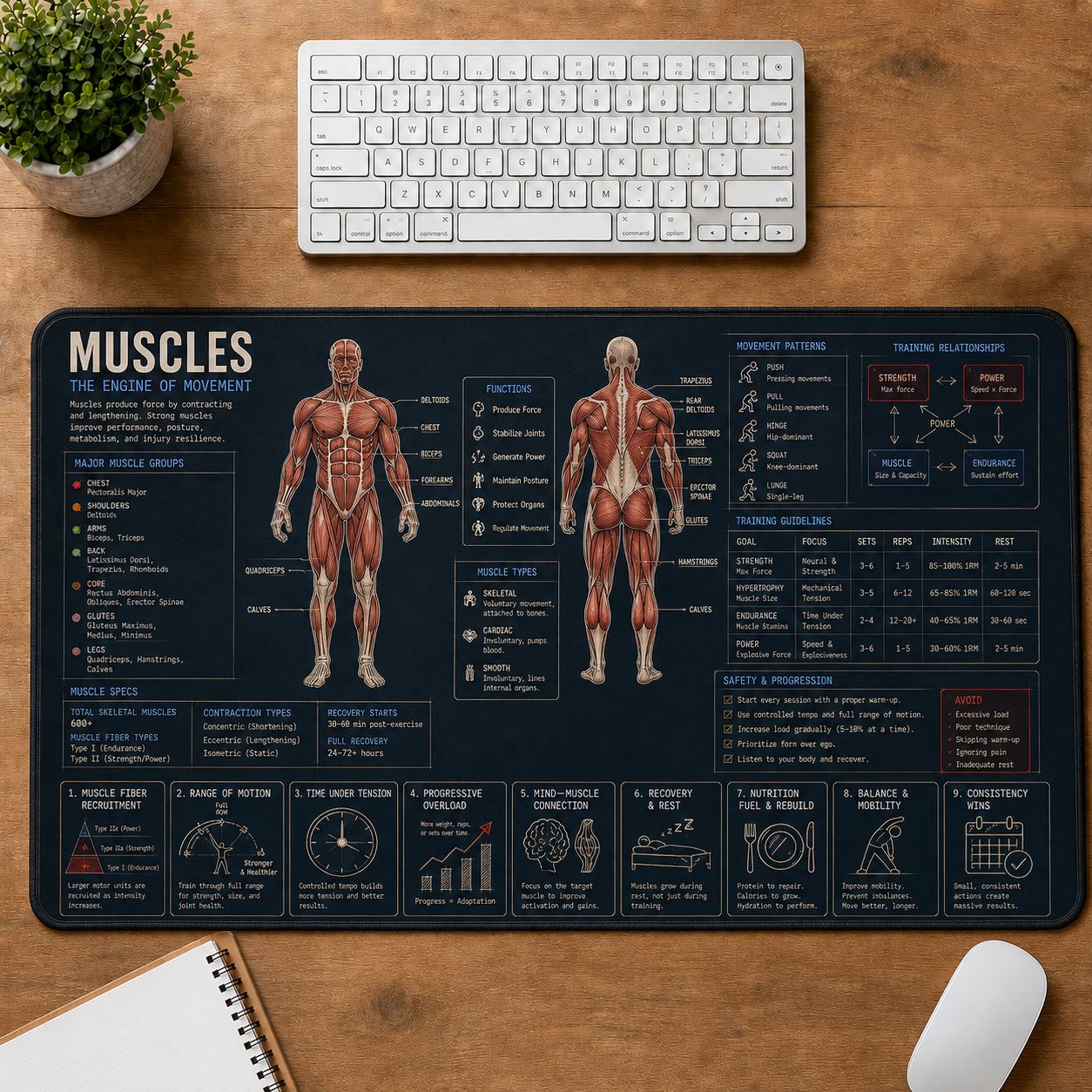 Bodybuilding Muscles Fitness Training Guide Desk Mat | 5To9Vibe