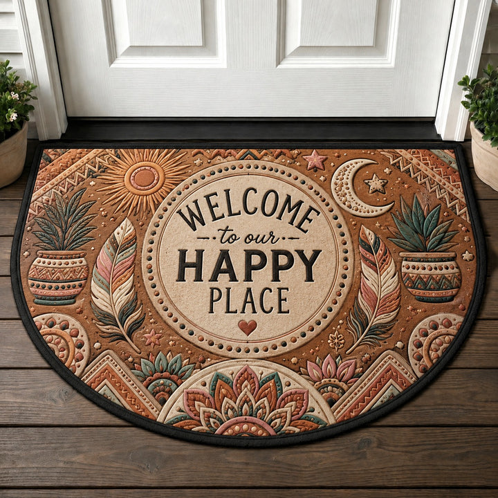Welcome To Our Happy Place Doormat - Boho Sun & Moon Feathers Welcome Mat - 5to9vibe
