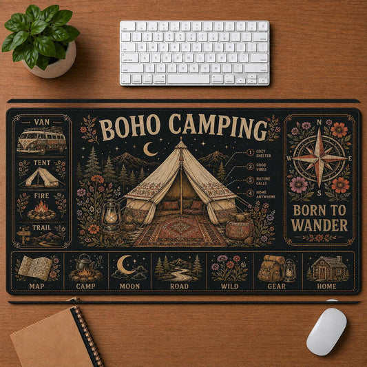 Boho Camping Hippie Desk Mat Mouse Pad | 5To9Vibe - Boho Camping style