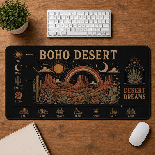 Cactus Hippie Desk Mat Mouse Pad | 5To9Vibe - Boho Desert style