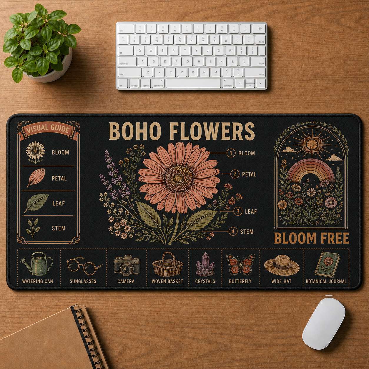 Botanical Garden Hippie Desk Mat Mouse Pad | 5To9Vibe - Boho Flowers style