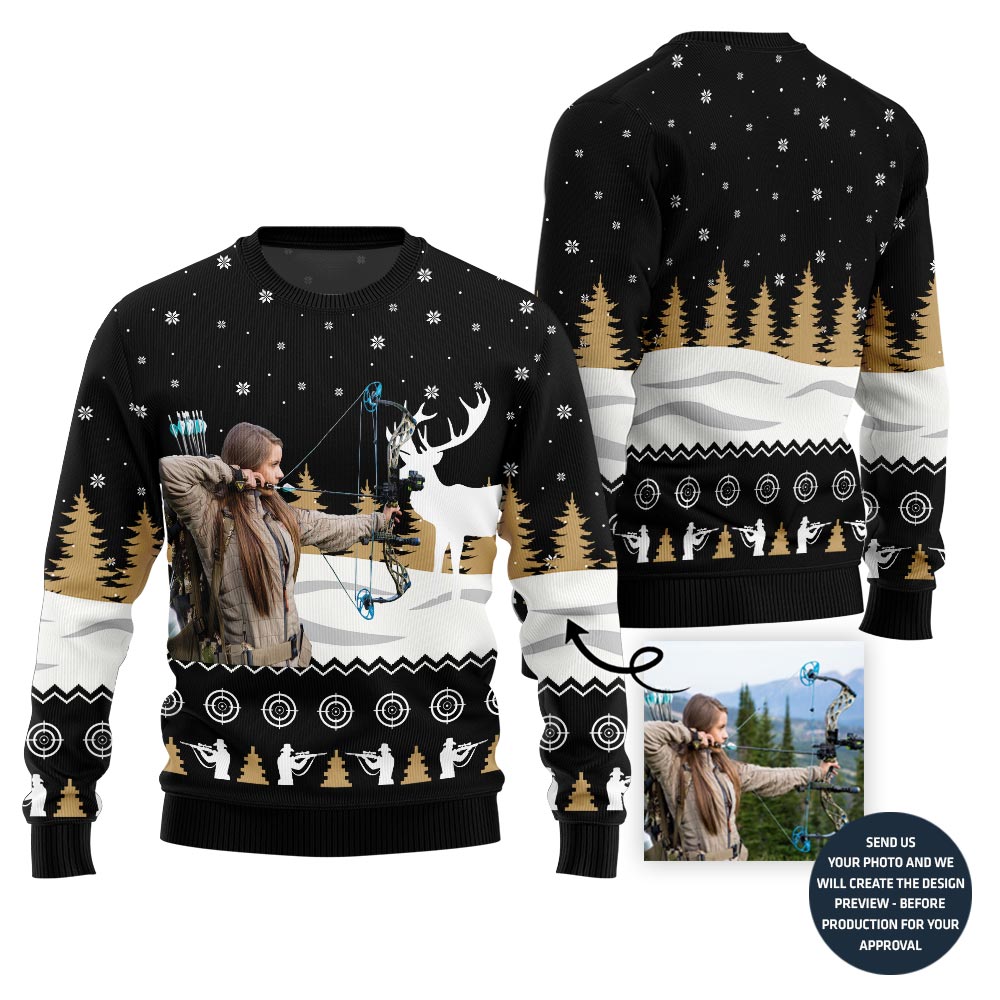 Bold Custom Picture Ugly Xmas Sweater For Hunting Women