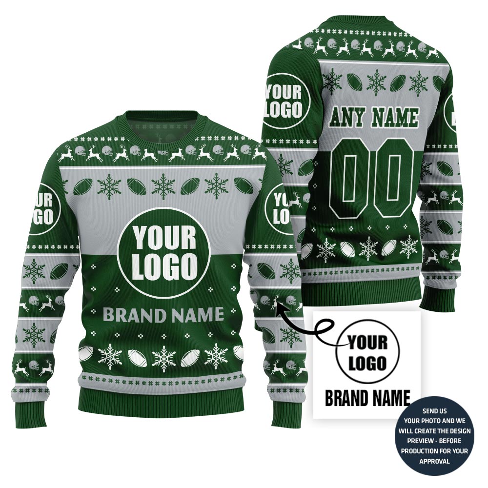 Bold Personalized Football Team Logo And Name Ugly Christmas Sweater