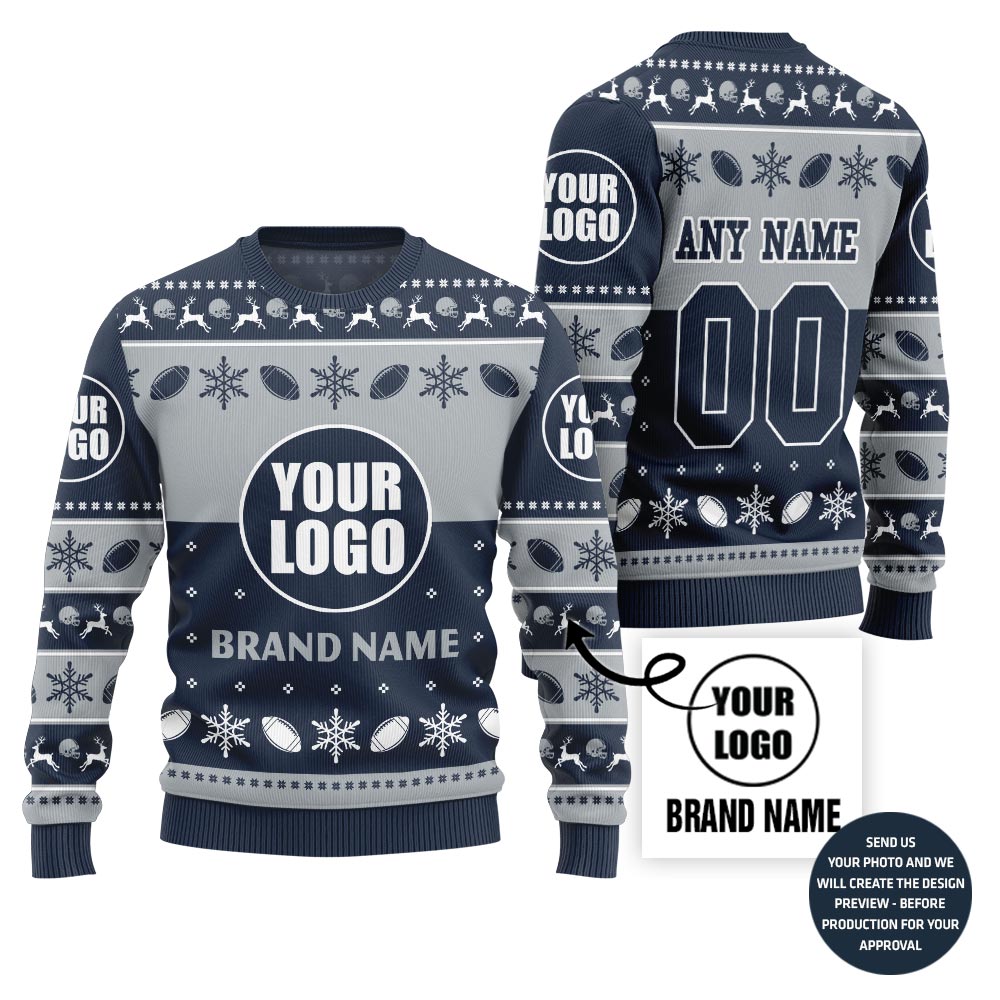 Bold Personalized Football Team Logo And Name Ugly Christmas Sweater