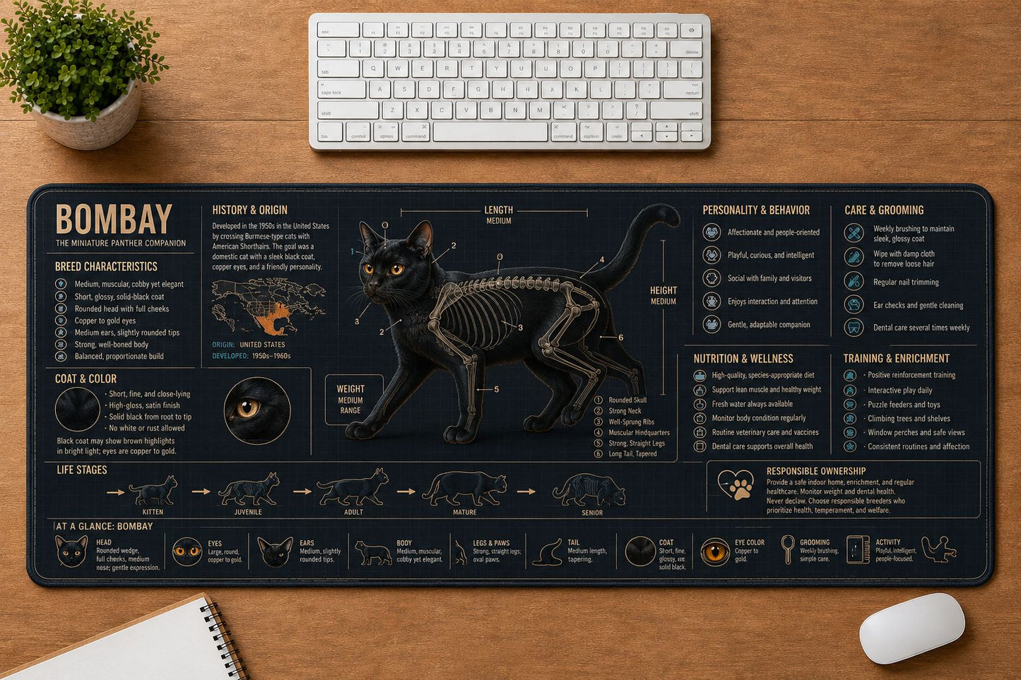 Bombay Cat Breed Desk Mat Anatomy Guide | 5To9Vibe