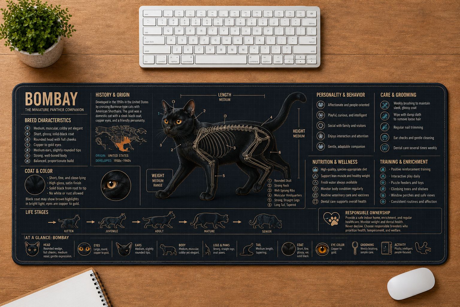 Bombay Cat Breed Desk Mat Anatomy Guide | 5To9Vibe