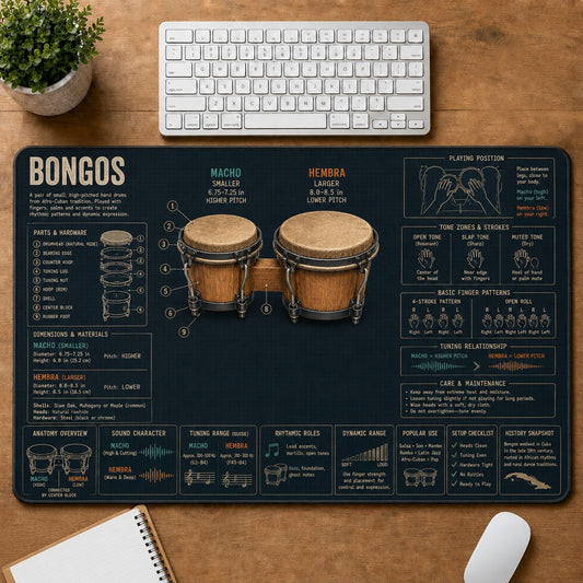 Bongos Musical Instrument Blueprint Guide Desk Mat | 5To9Vibe