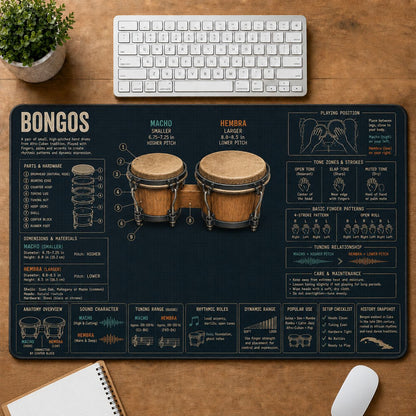 Bongos Musical Instrument Blueprint Guide Desk Mat | 5To9Vibe