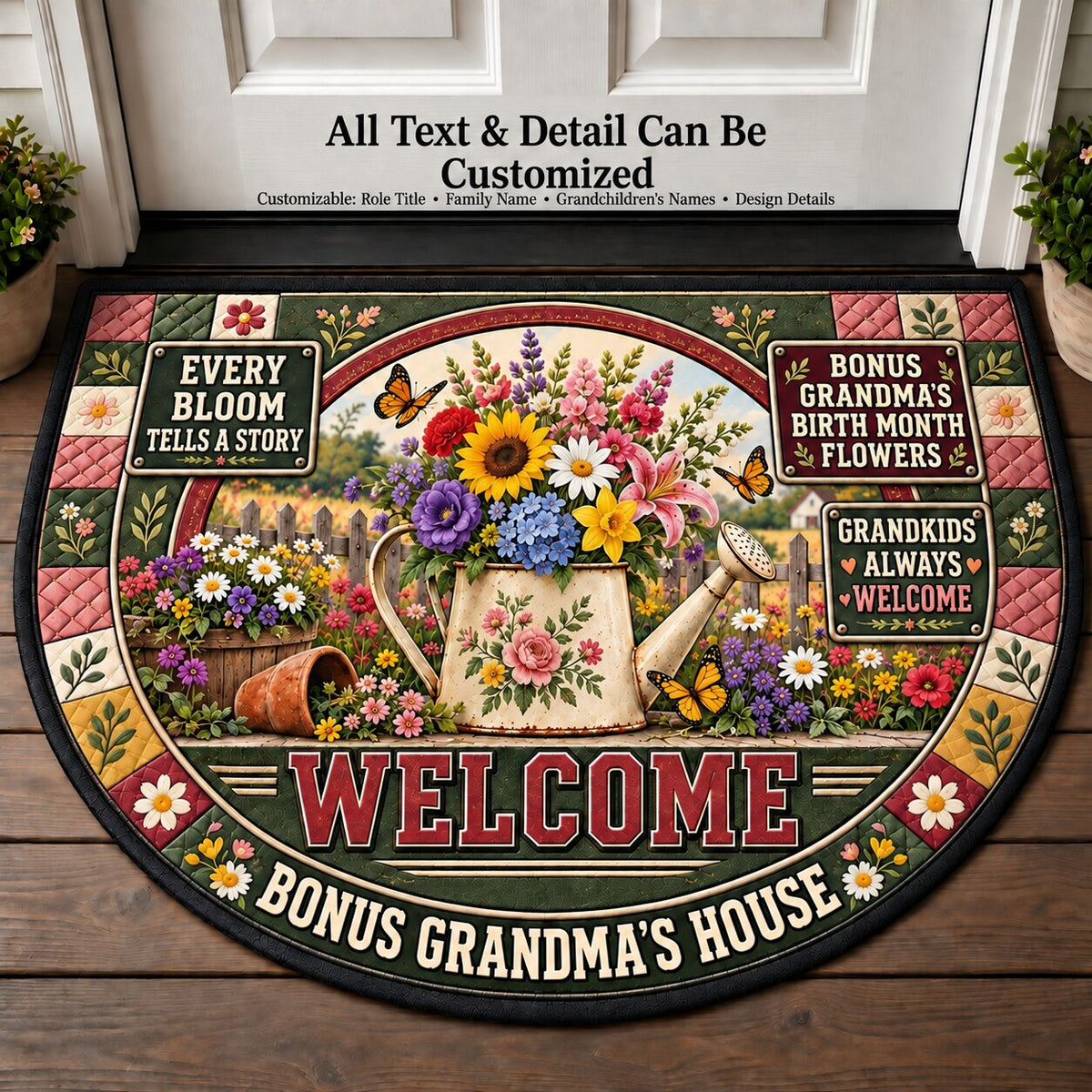 Bonus Grandma's Birth Month Flowers Personalized Half Round Mat | 5To9Vibe
